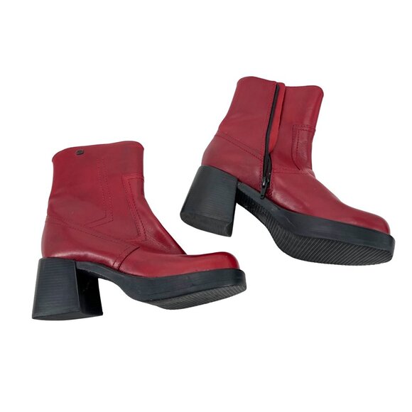 Skechers Somethin Else Red Leather Heeled Ankle Boots Womens Size 9 Side Zipper - Picture 1 of 7